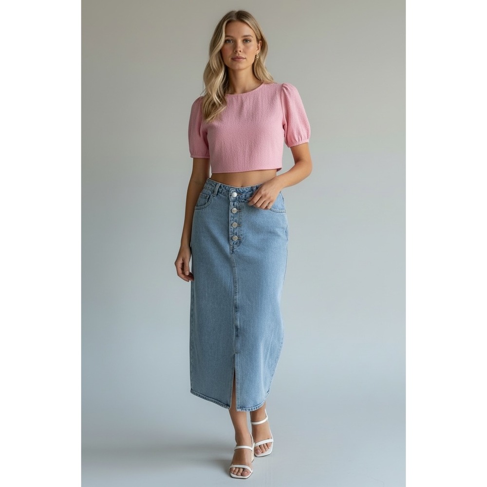 Dazy Light Wash Denim Maxi Skirt Size Large Asymmetrical Button Front Blue